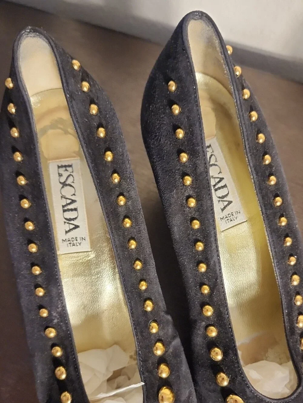 Escada Black Suede Pumps with Gold Stud Detailing